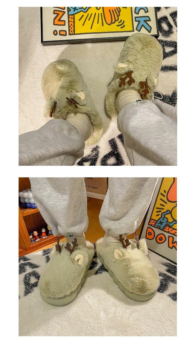 Kids Plush Animal Antler Slippers Fuzzy Warm Indoor Home Shoes