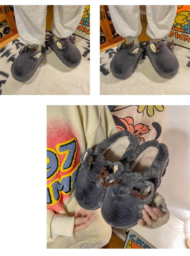 Kids Plush Animal Antler Slippers Fuzzy Warm Indoor Home Shoes