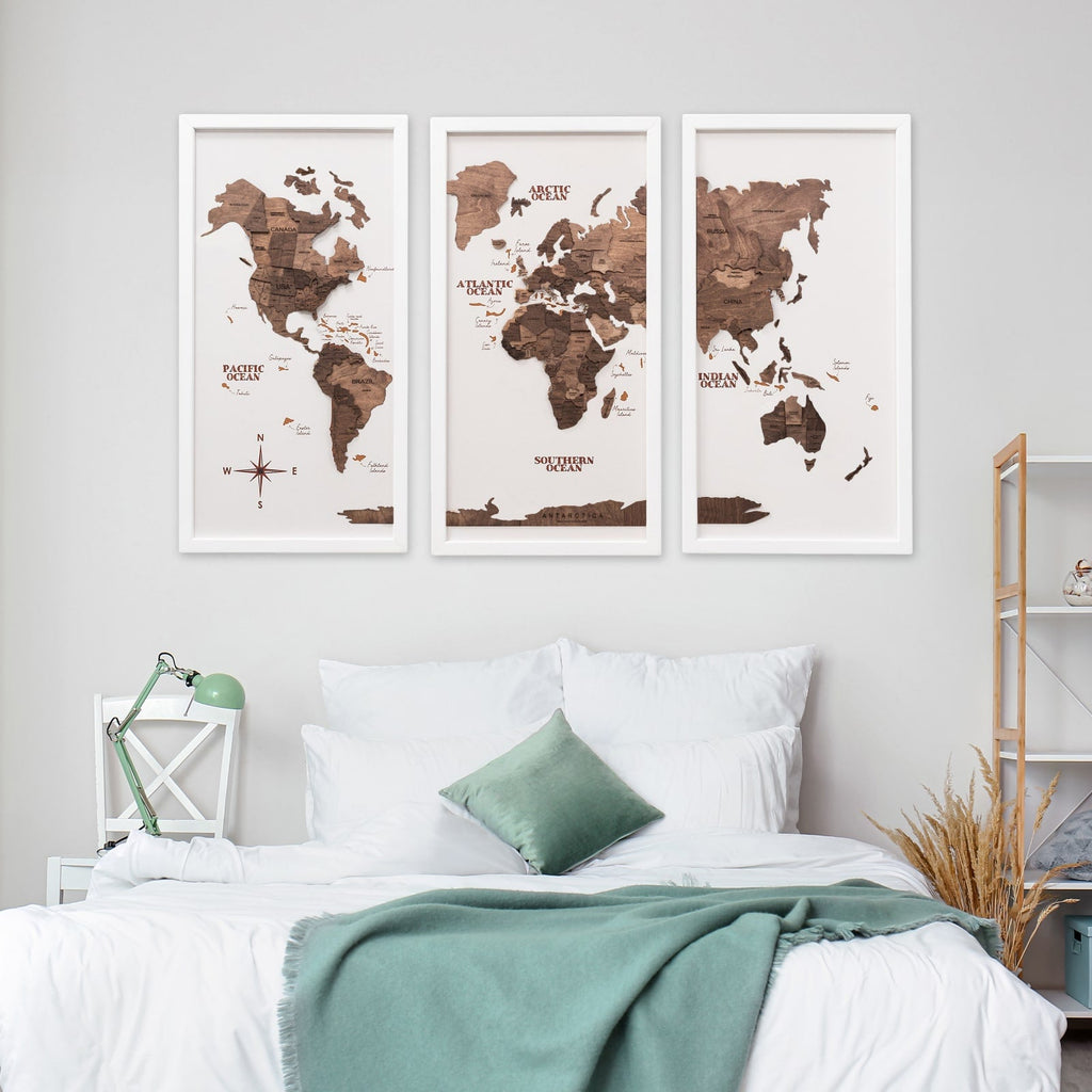 Triptych Wooden World Map Dark Walnut Modern Minimalist Wall Art