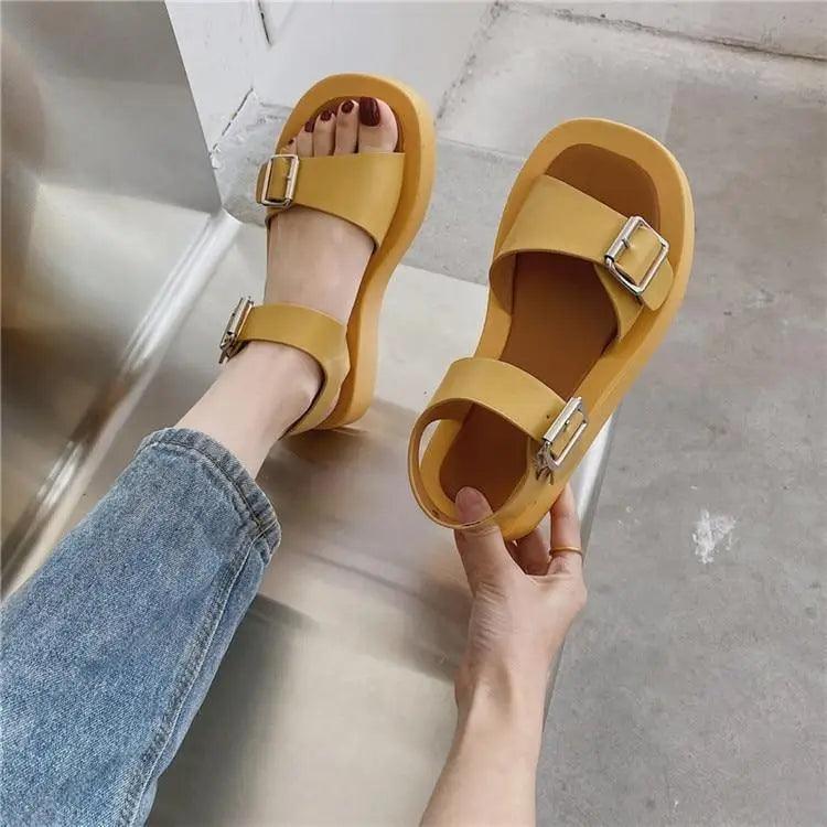 White Women’s Elegant Flat Sandals with Buckle Strap Comfort