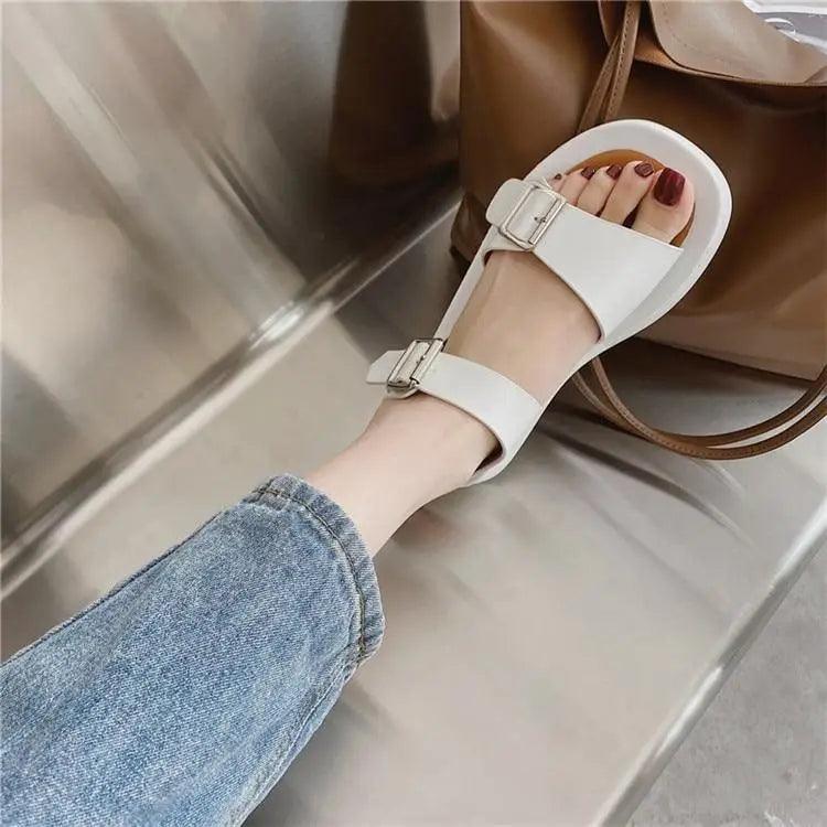 White Women’s Elegant Flat Sandals with Buckle Strap Comfort