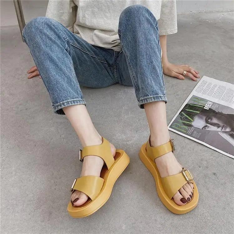 White Women’s Elegant Flat Sandals with Buckle Strap Comfort