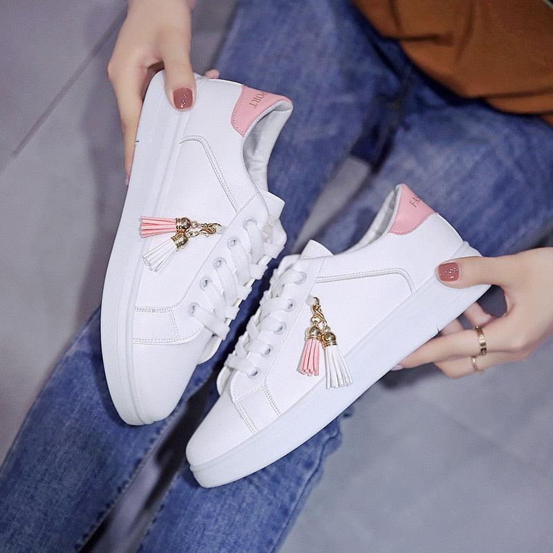 Classic White Lace-Up Casual Sneakers for Girls & Women