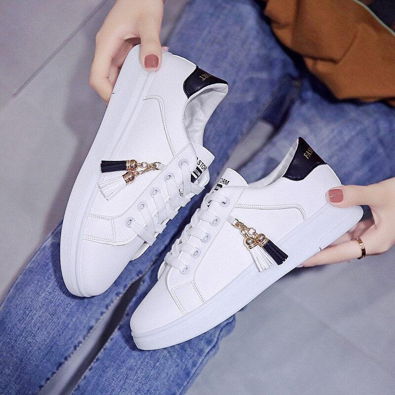 Classic White Lace-Up Casual Sneakers for Girls & Women