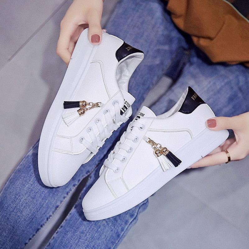 Classic White Lace-Up Casual Sneakers for Girls & Women