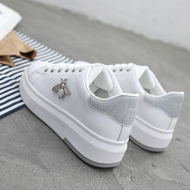 Women's Rhinestone Platform Sneakers, White Lace Up Casual Shoes