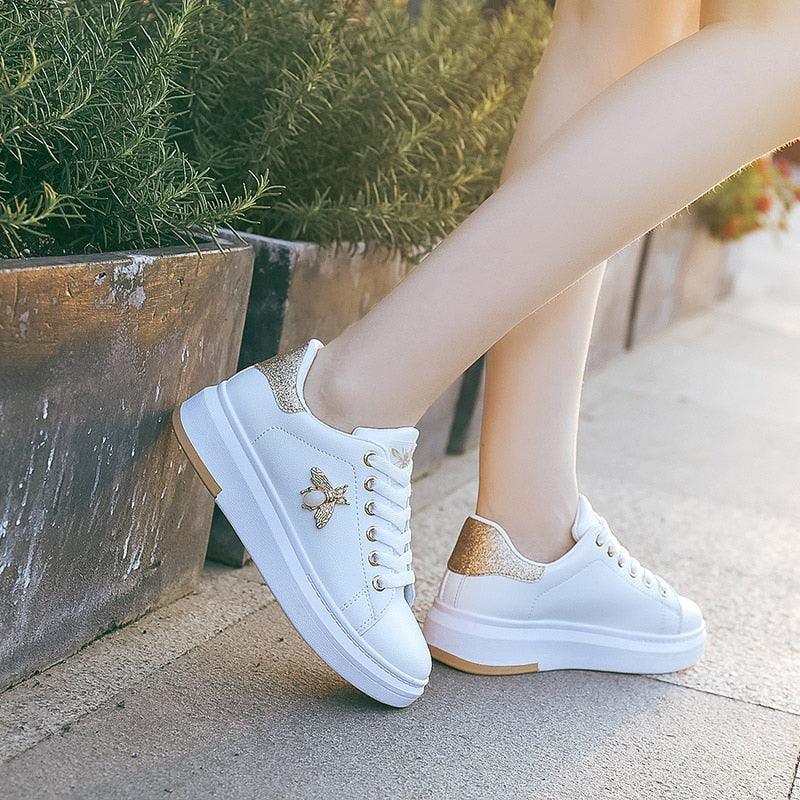 Women's Rhinestone Platform Sneakers, White Lace Up Casual Shoes