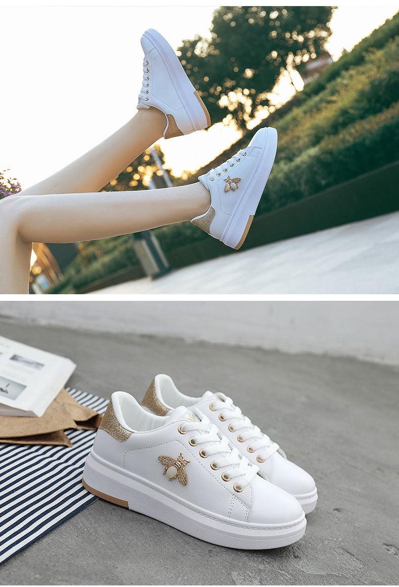 Women's Rhinestone Platform Sneakers, White Lace Up Casual Shoes