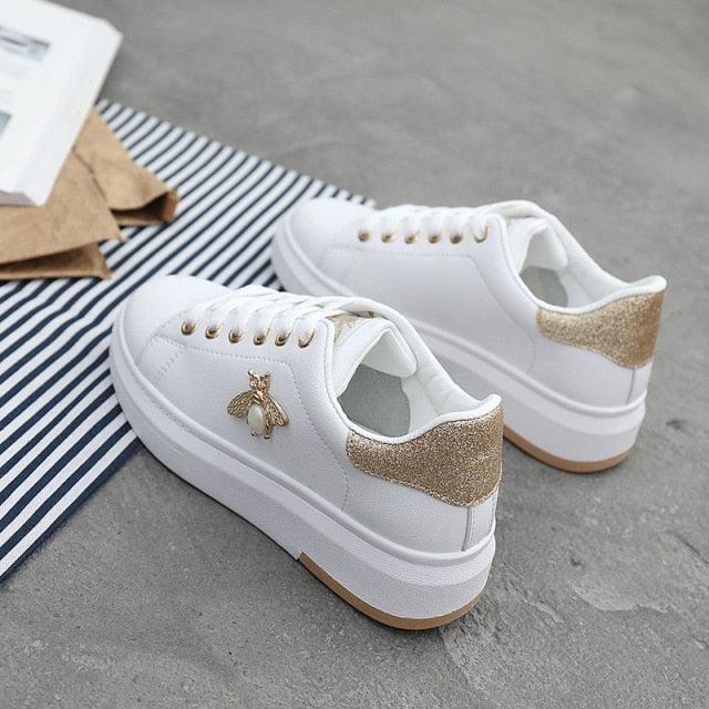 Women's Rhinestone Platform Sneakers, White Lace Up Casual Shoes