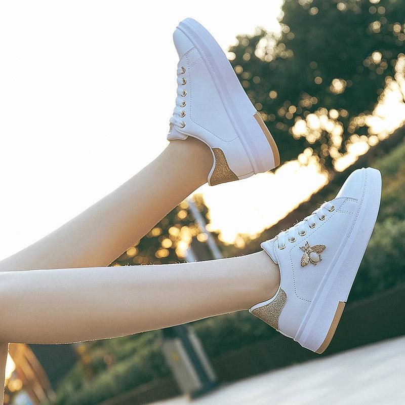 Women's Rhinestone Platform Sneakers, White Lace Up Casual Shoes