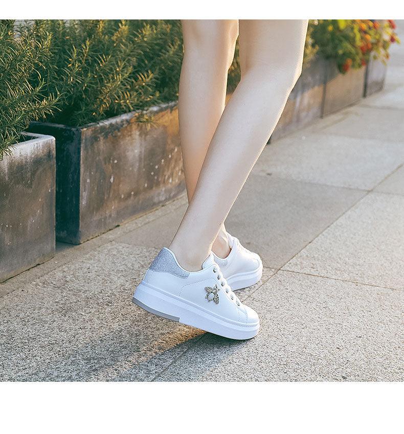 Women's Rhinestone Platform Sneakers, White Lace Up Casual Shoes