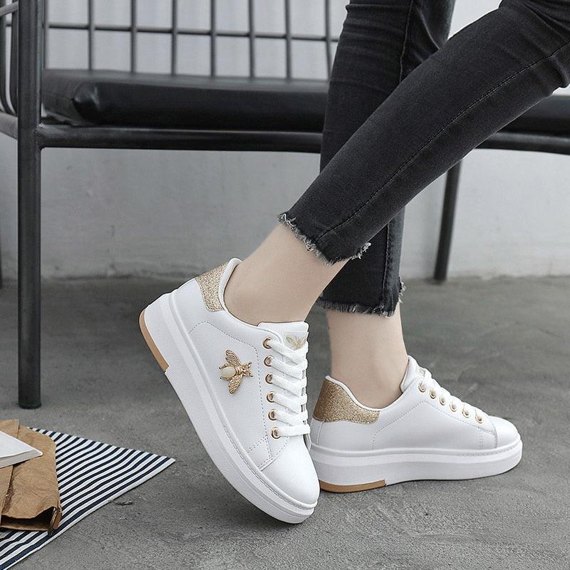 Stevvex white platform sneakers for women with rhinestone detailing and lace-up closure
