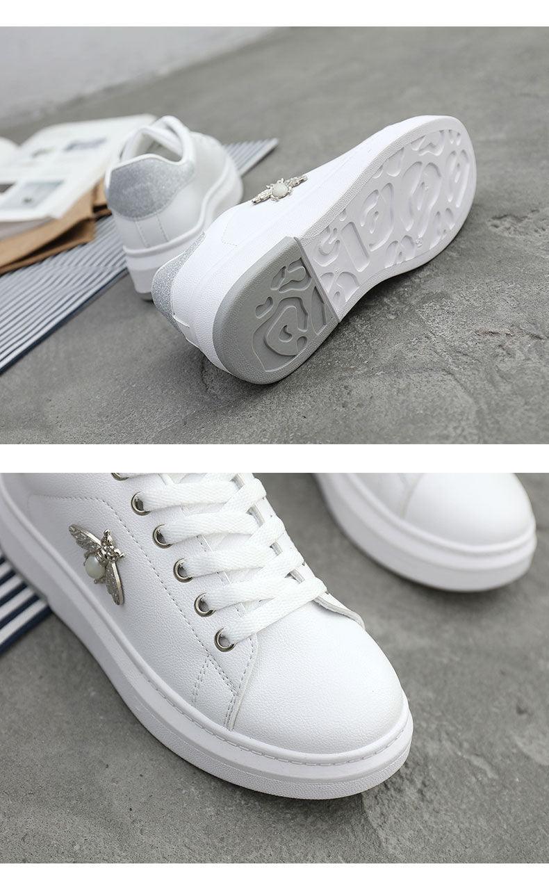 Women's Rhinestone Platform Sneakers, White Lace Up Casual Shoes
