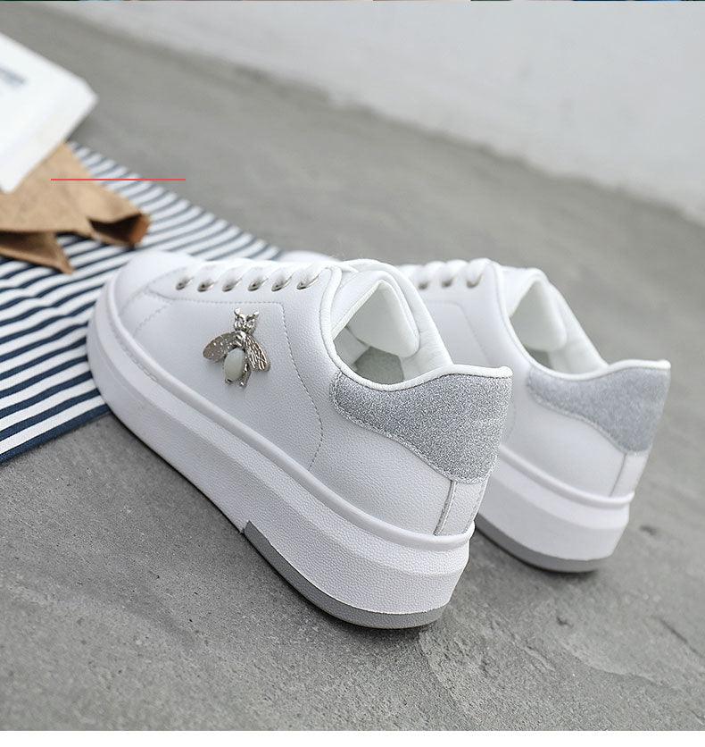 Women's Rhinestone Platform Sneakers, White Lace Up Casual Shoes