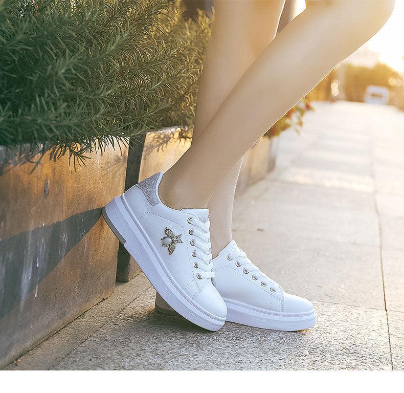 Women's Rhinestone Platform Sneakers, White Lace Up Casual Shoes