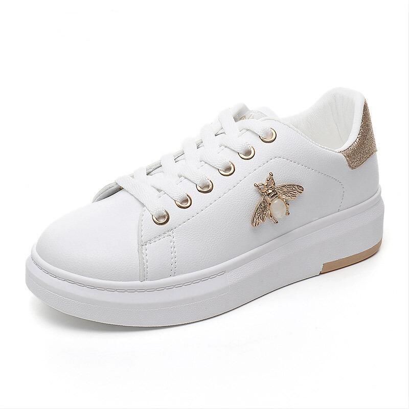 Women's Rhinestone Platform Sneakers, White Lace Up Casual Shoes