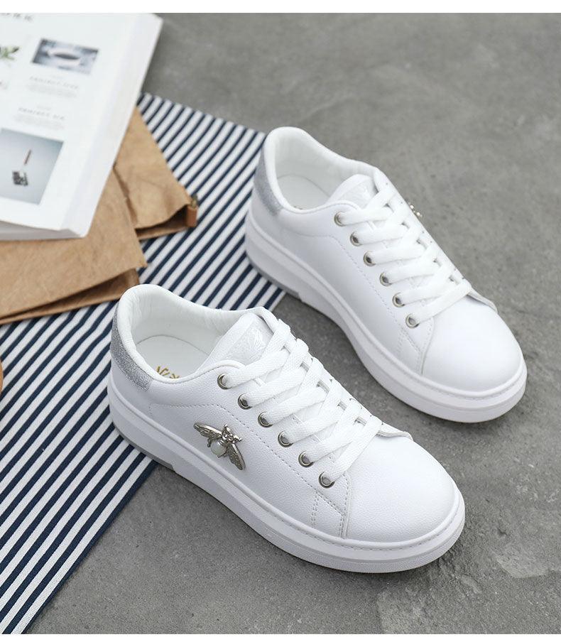 Women's Rhinestone Platform Sneakers, White Lace Up Casual Shoes