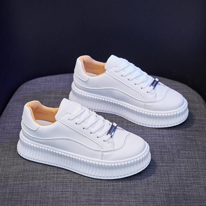 Women's Leather Lace-Up Platform Sneakers Casual Sporty Trainers