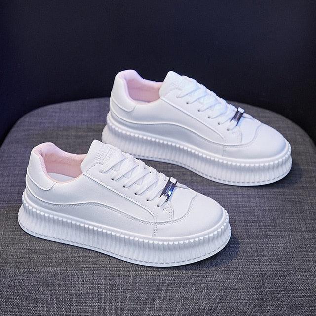 Women's Leather Lace-Up Platform Sneakers Casual Sporty Trainers