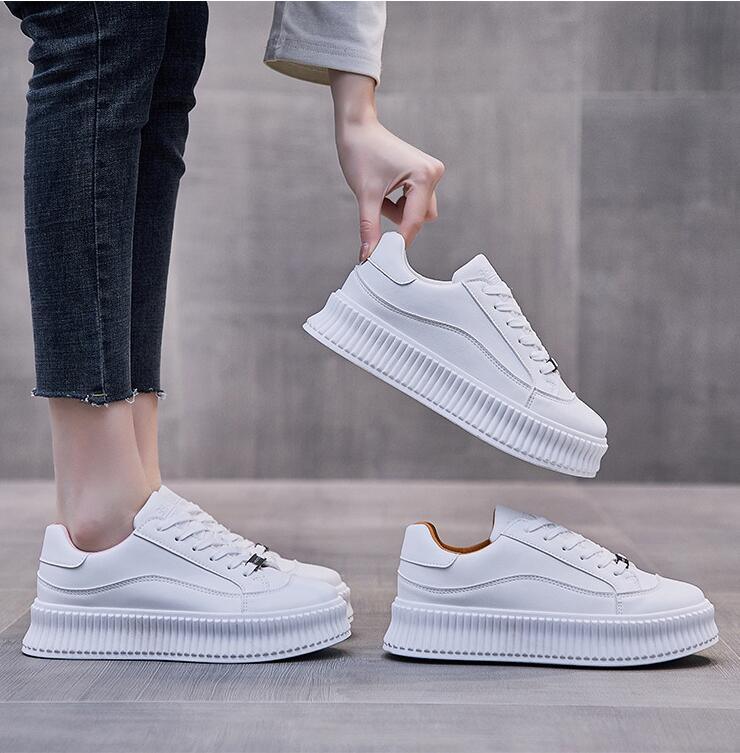 Women's Leather Lace-Up Platform Sneakers Casual Sporty Trainers