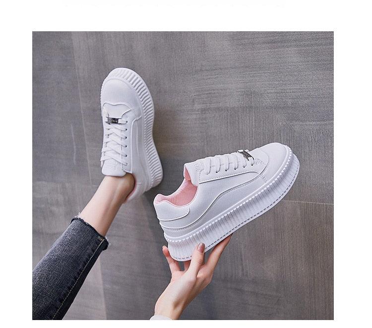 Women's Leather Lace-Up Platform Sneakers Casual Sporty Trainers