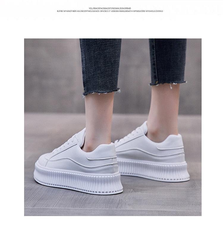 Women's Leather Lace-Up Platform Sneakers Casual Sporty Trainers