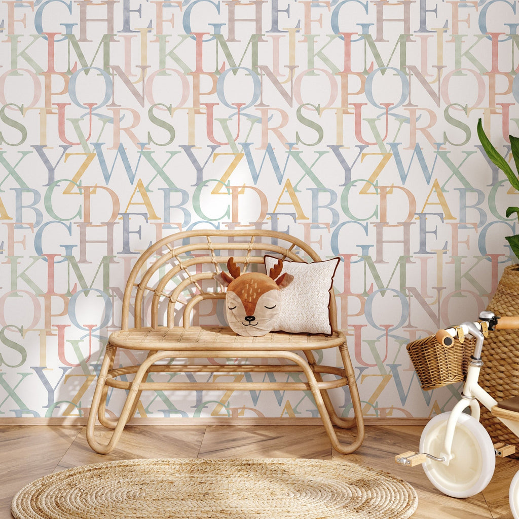 Coy Educational Nursery Wallpaper in White and Dark-Blue