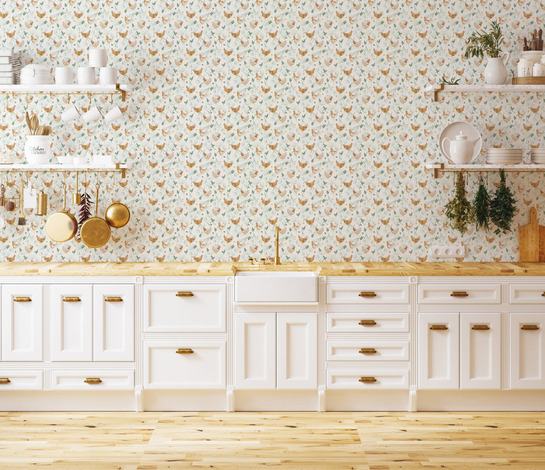 Henrietta Removable Wallpaper in White, Blue-Grey, Orange and Green