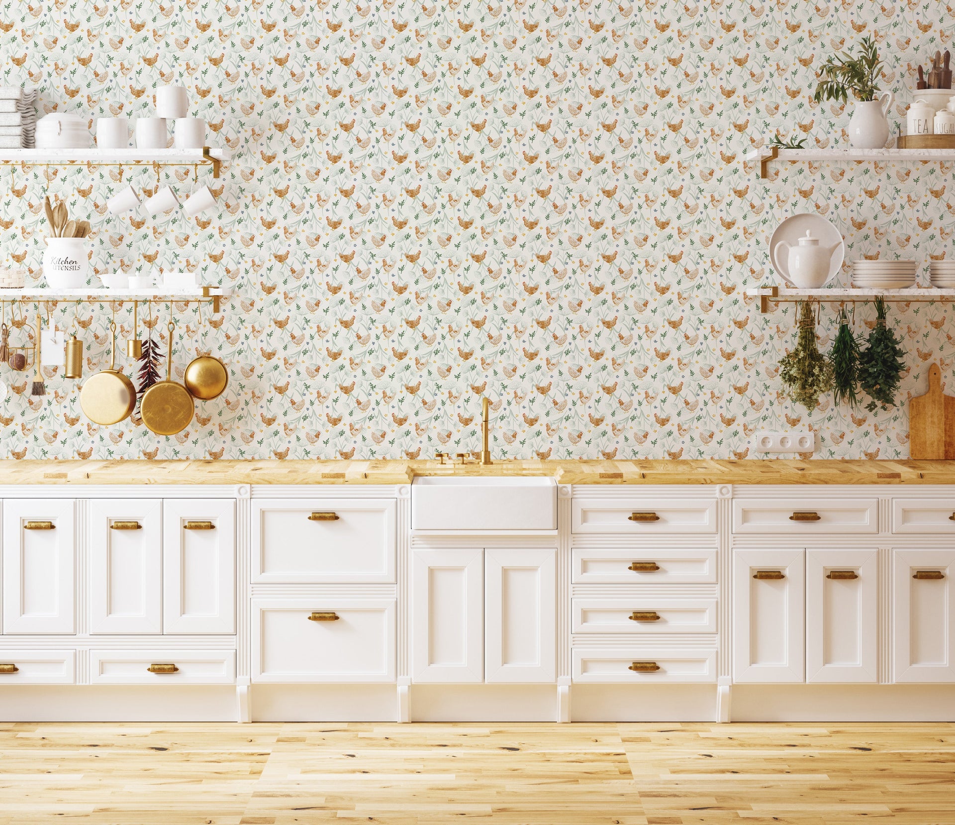Henrietta Removable Wallpaper in White, Blue-Grey, Orange and Green