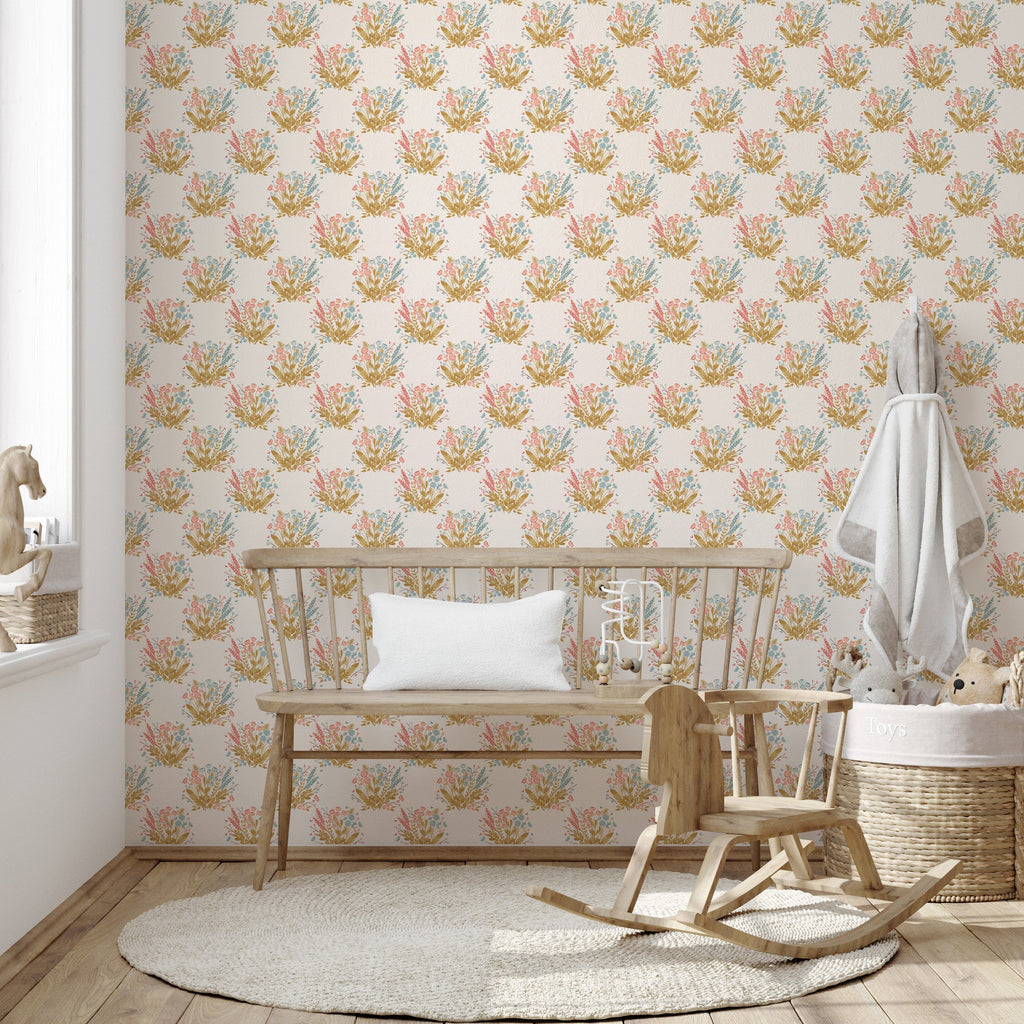 Bohemian floral Maddie wallpaper featuring cream, maroon, and mustard-yellow tones
