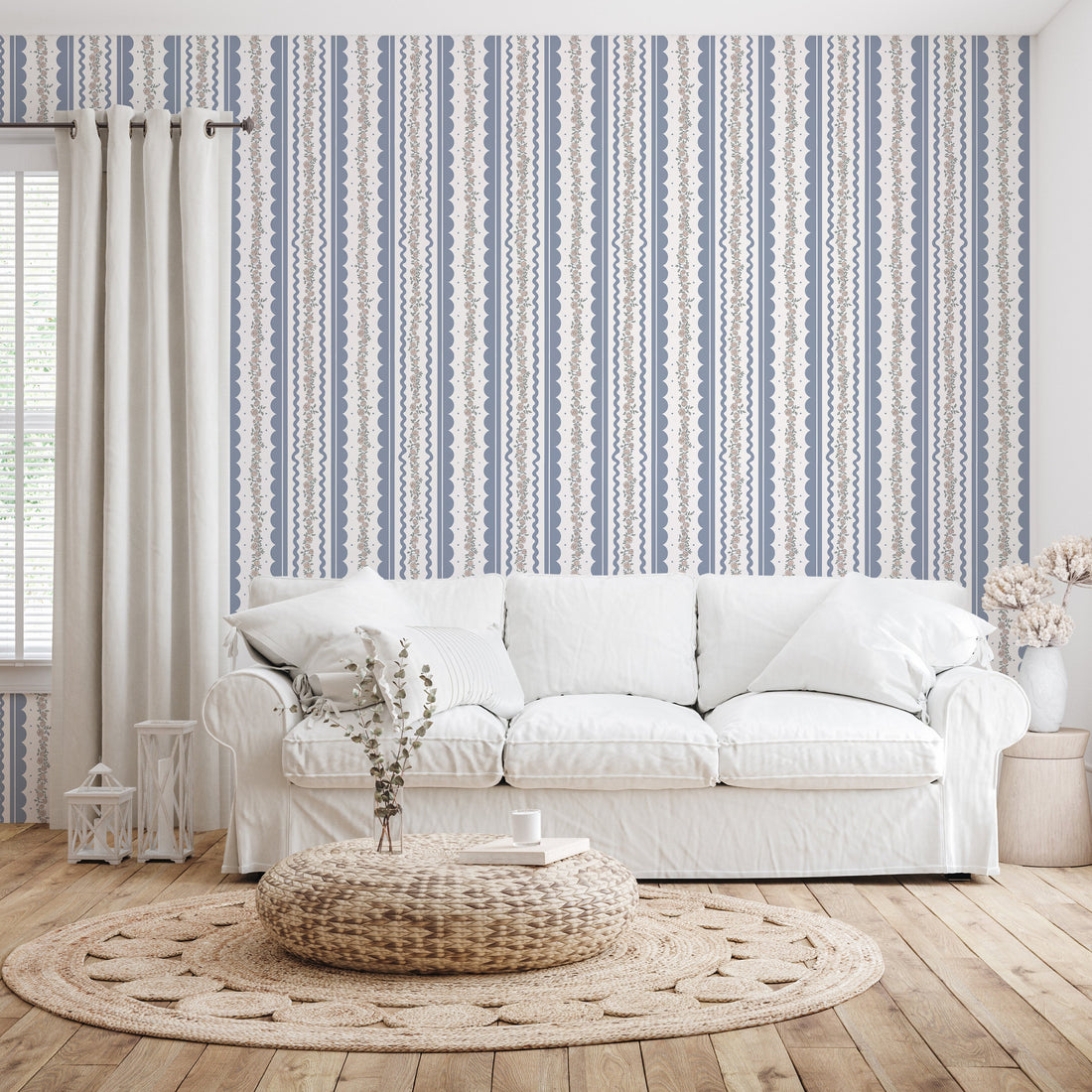 Solana Striped Wallpaper in Blue, Beige, Sage-Green, and White