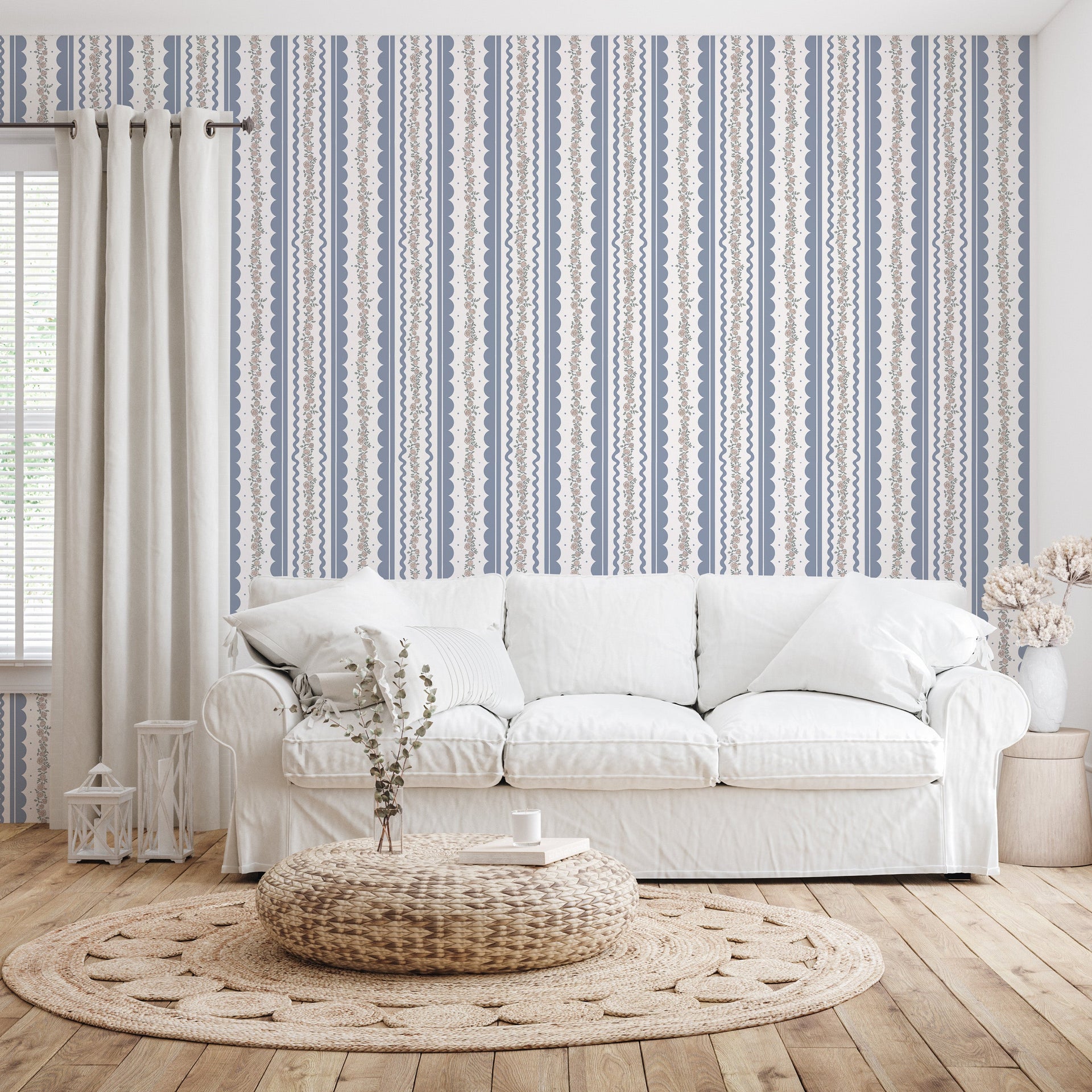 Solana Striped Wallpaper in Blue, Beige, Sage-Green, and White