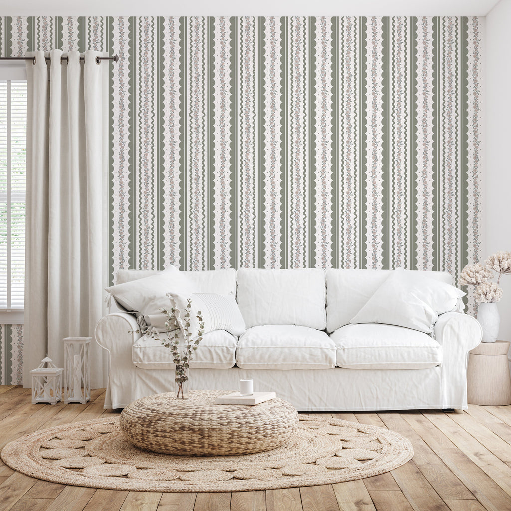 Solana Striped Wallpaper in Blue, Beige, Sage-Green, and White