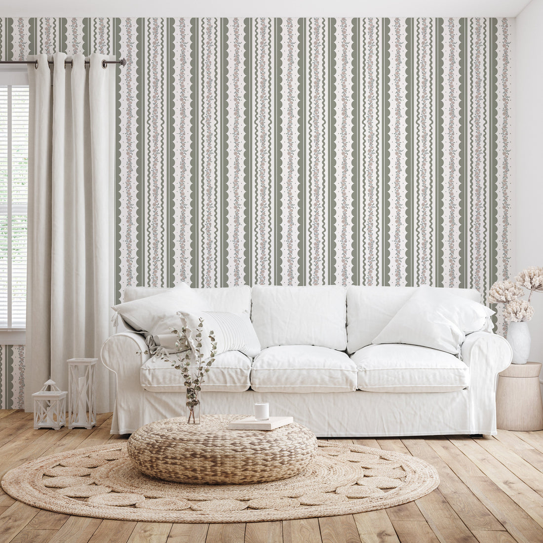 Solana Striped Wallpaper in Blue, Beige, Sage-Green, and White