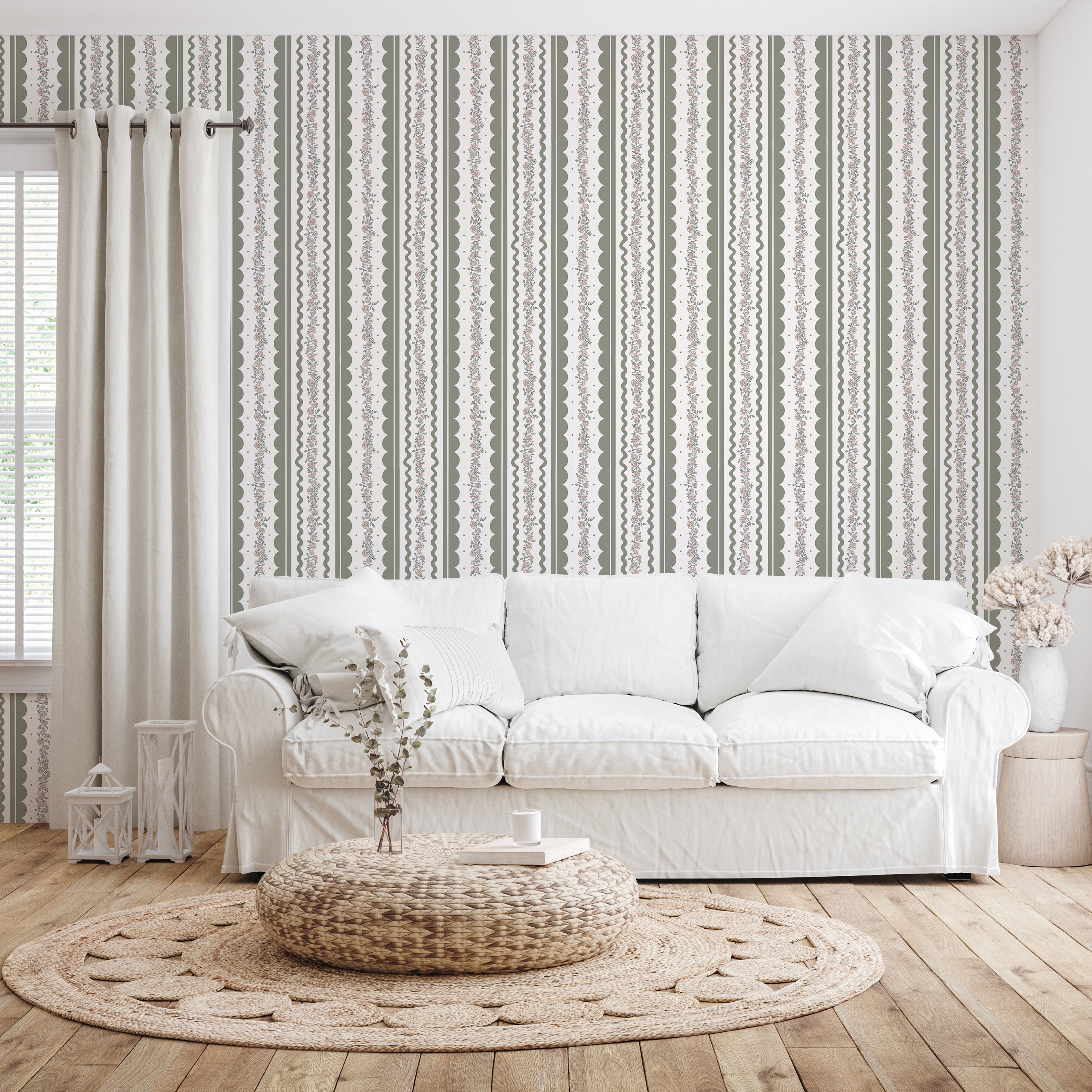 Solana Striped Wallpaper in Blue, Beige, Sage-Green, and White