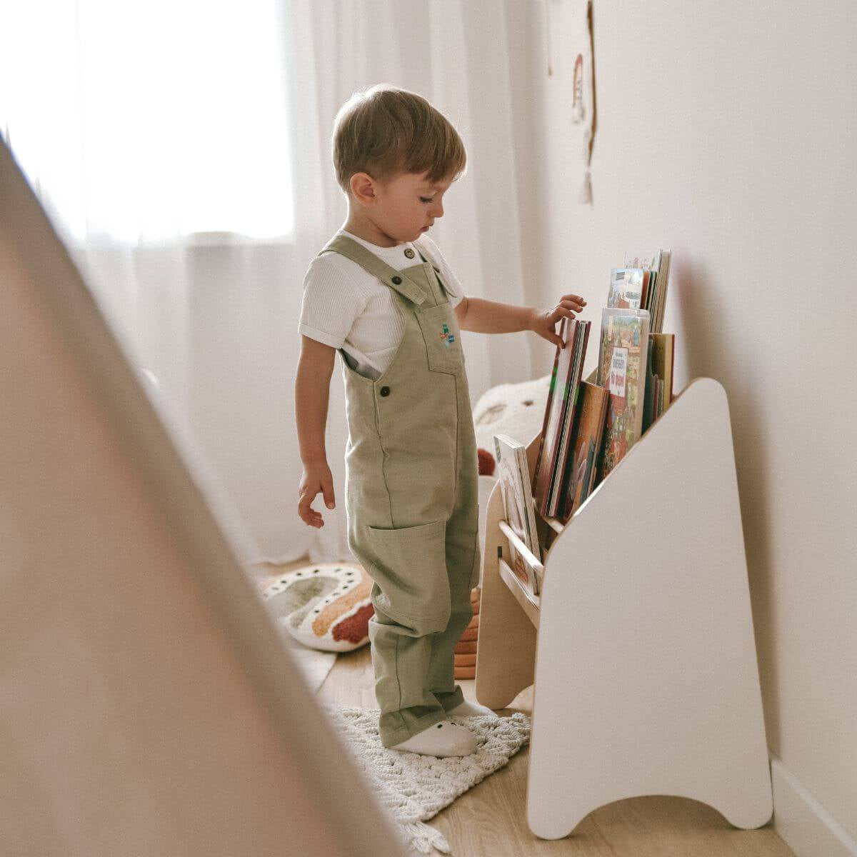 White Montessori Bookshelf for Kids - Minimalist Nursery Storage