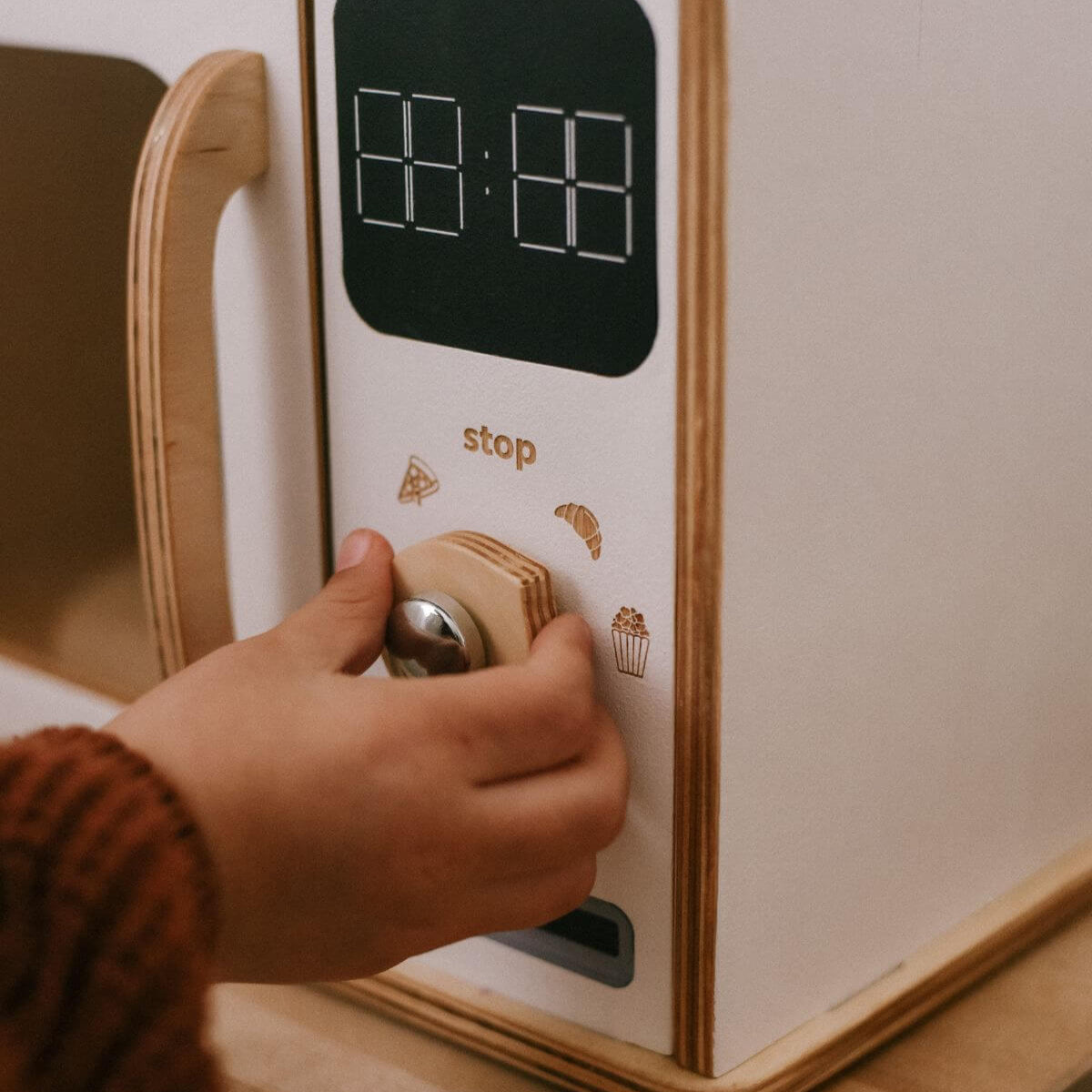 Minimalist Wooden Microwave Toy in Light-Wood and White