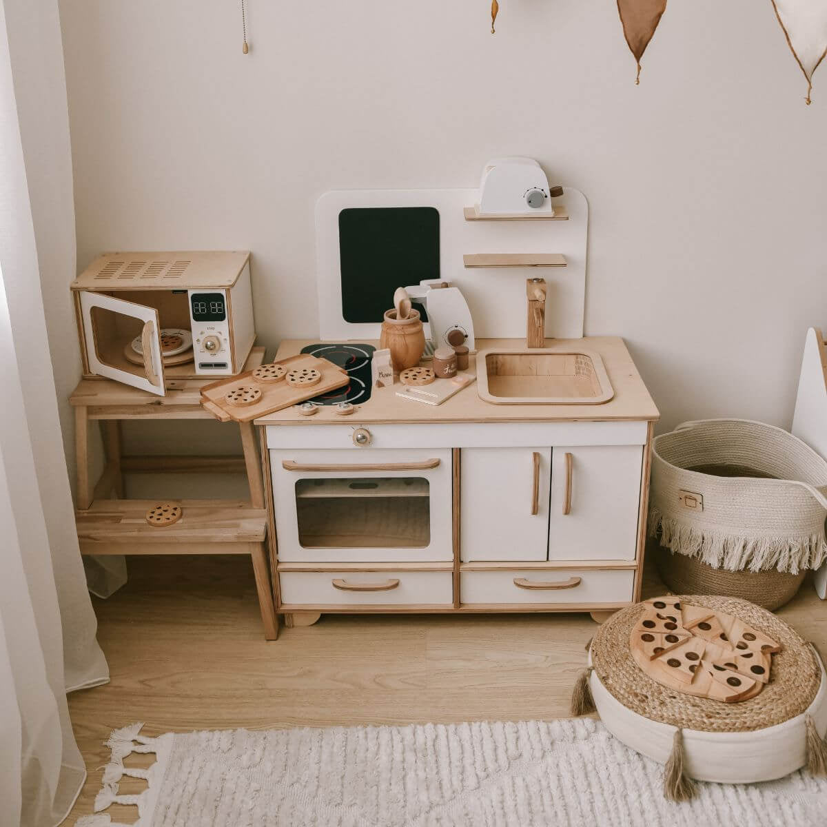 Minimalist Wooden Microwave Toy in Light-Wood and White