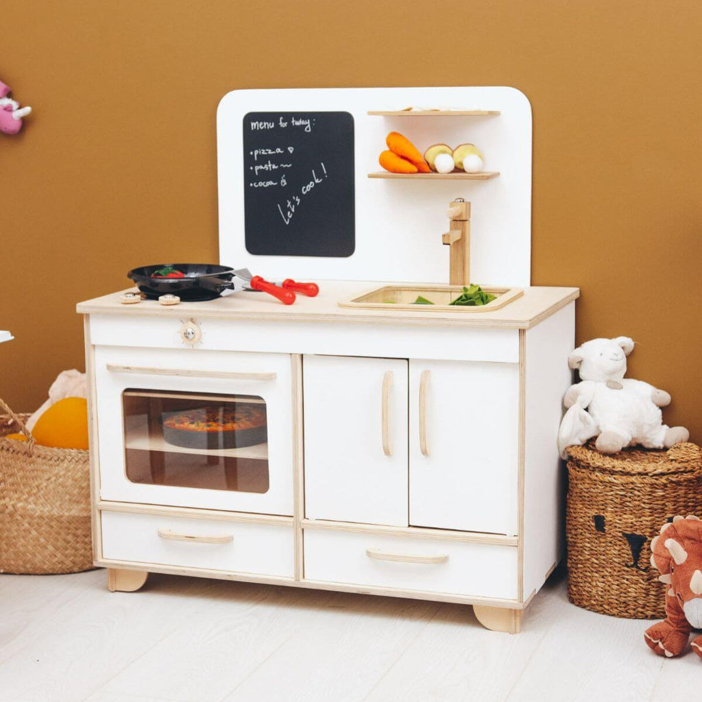 Natural Wooden Play Kitchen for Toddler Pretend Play