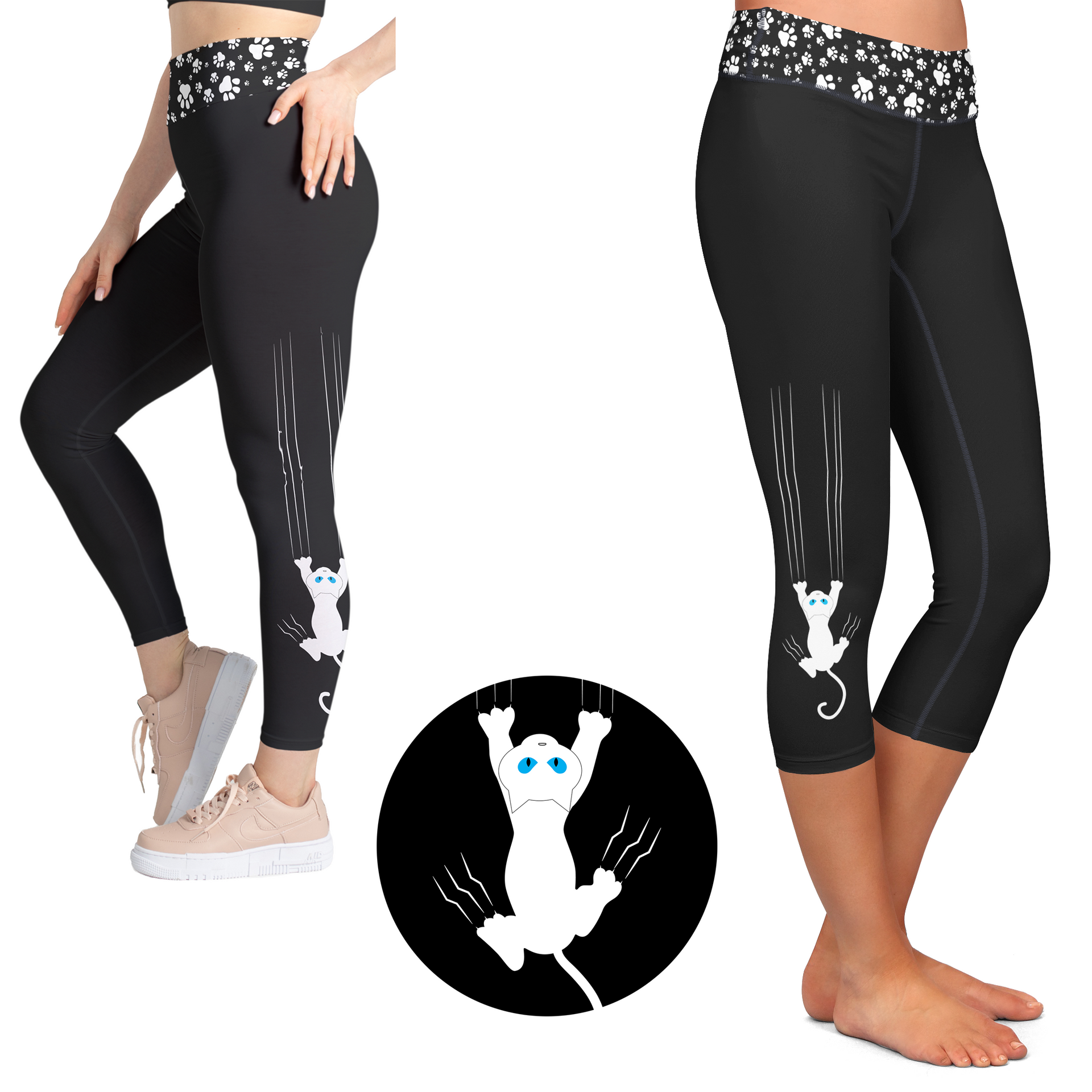 White cat scratch design leggings with functional pockets for women