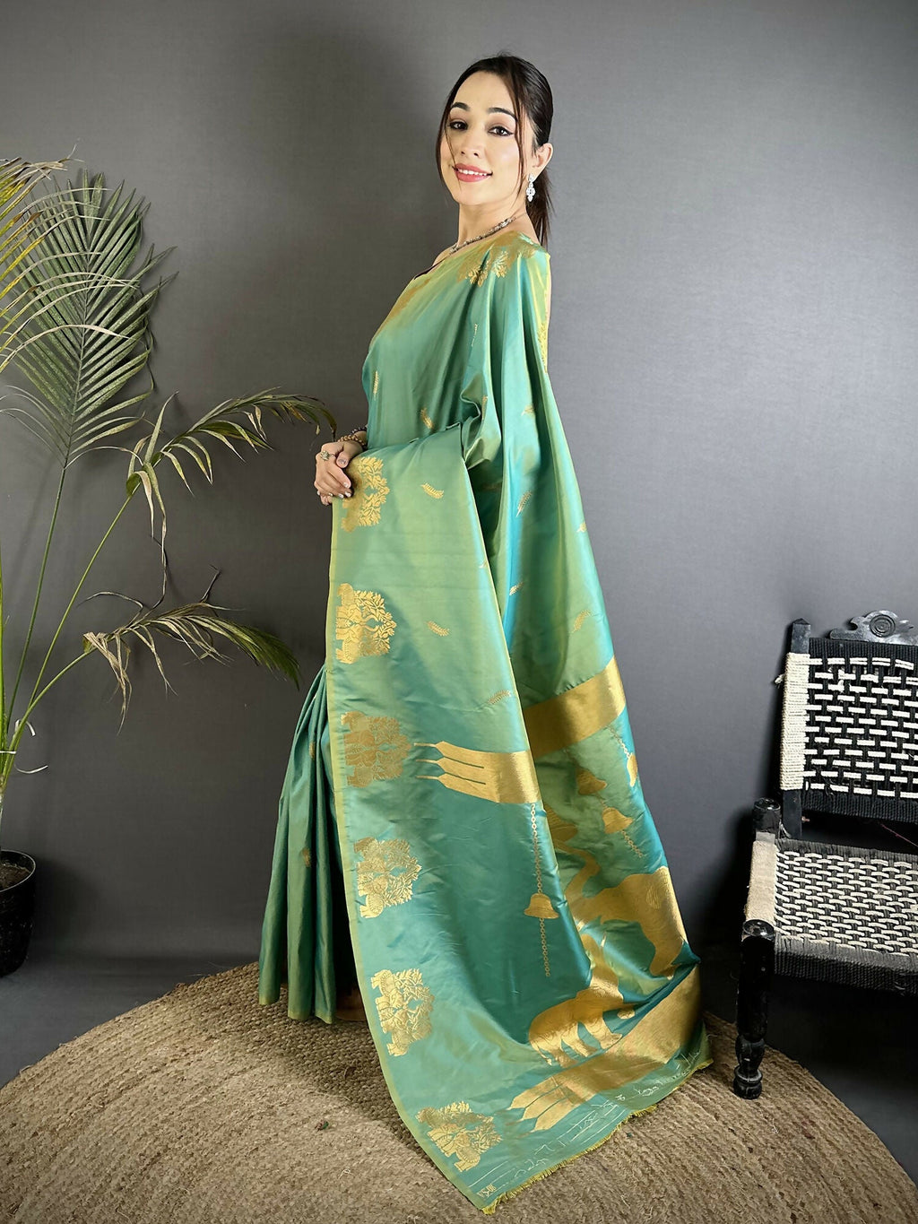 Sea Green Banarasi Saree in Soft Silk with Zari Motifs