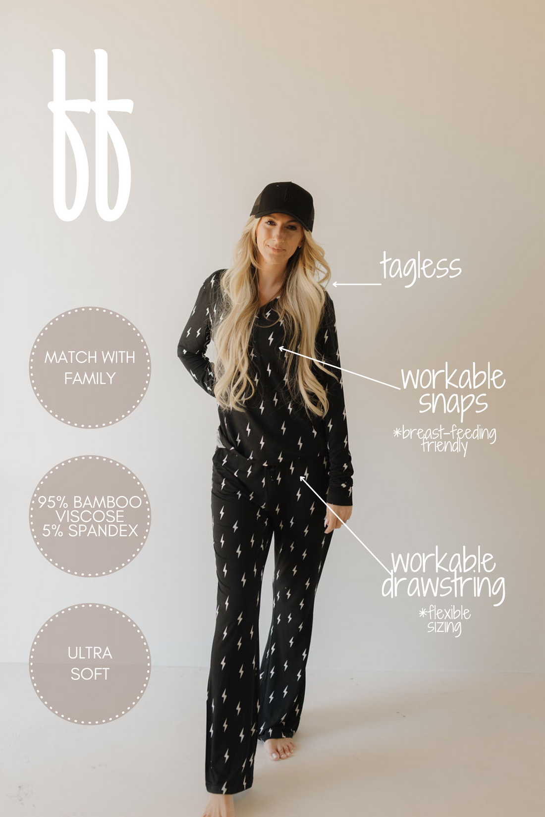Women's Bamboo Long Sleeve Pajama Set in Midnight Lightning Bolt