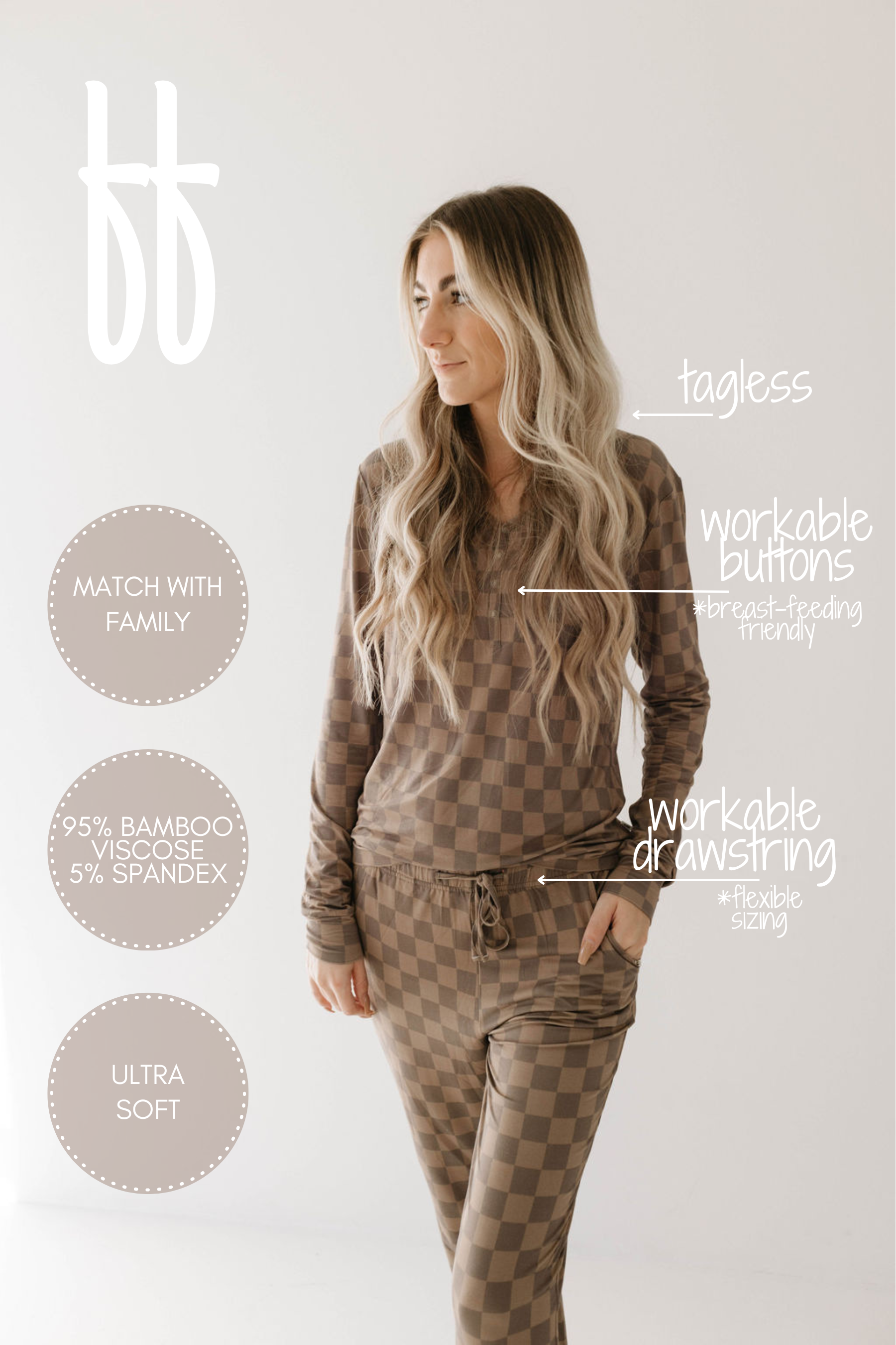 Women's Long Sleeve Bamboo Pajama Set - Faded Brown Checkerboard