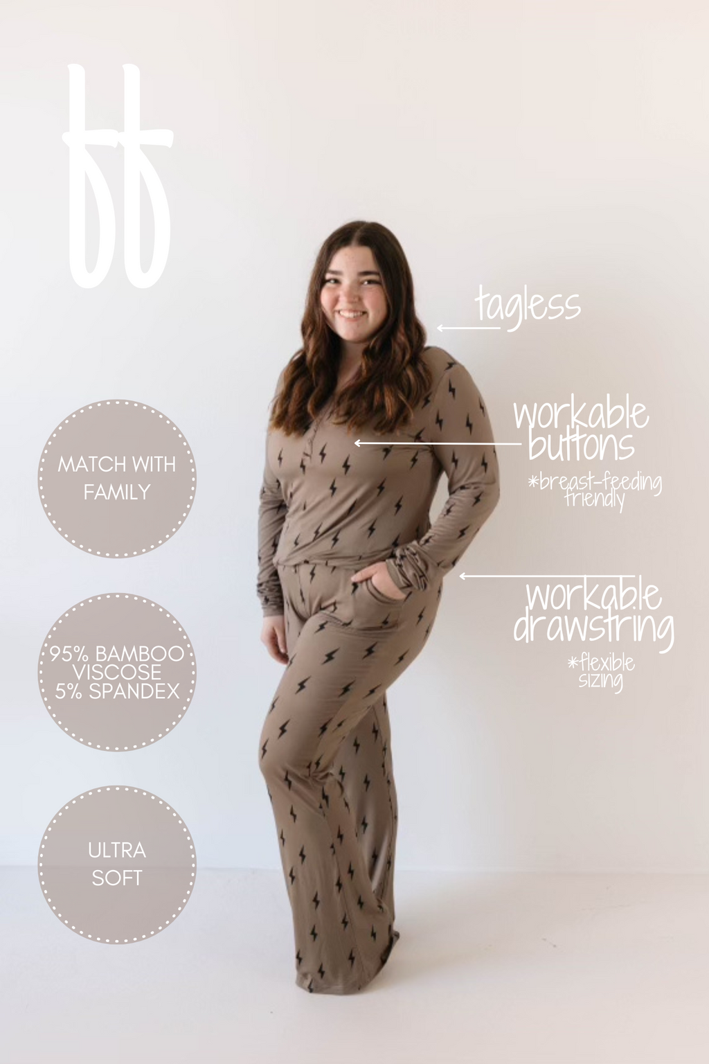 Women's Long Sleeve Bamboo Pajama | Brown & Black Lightning Bolt