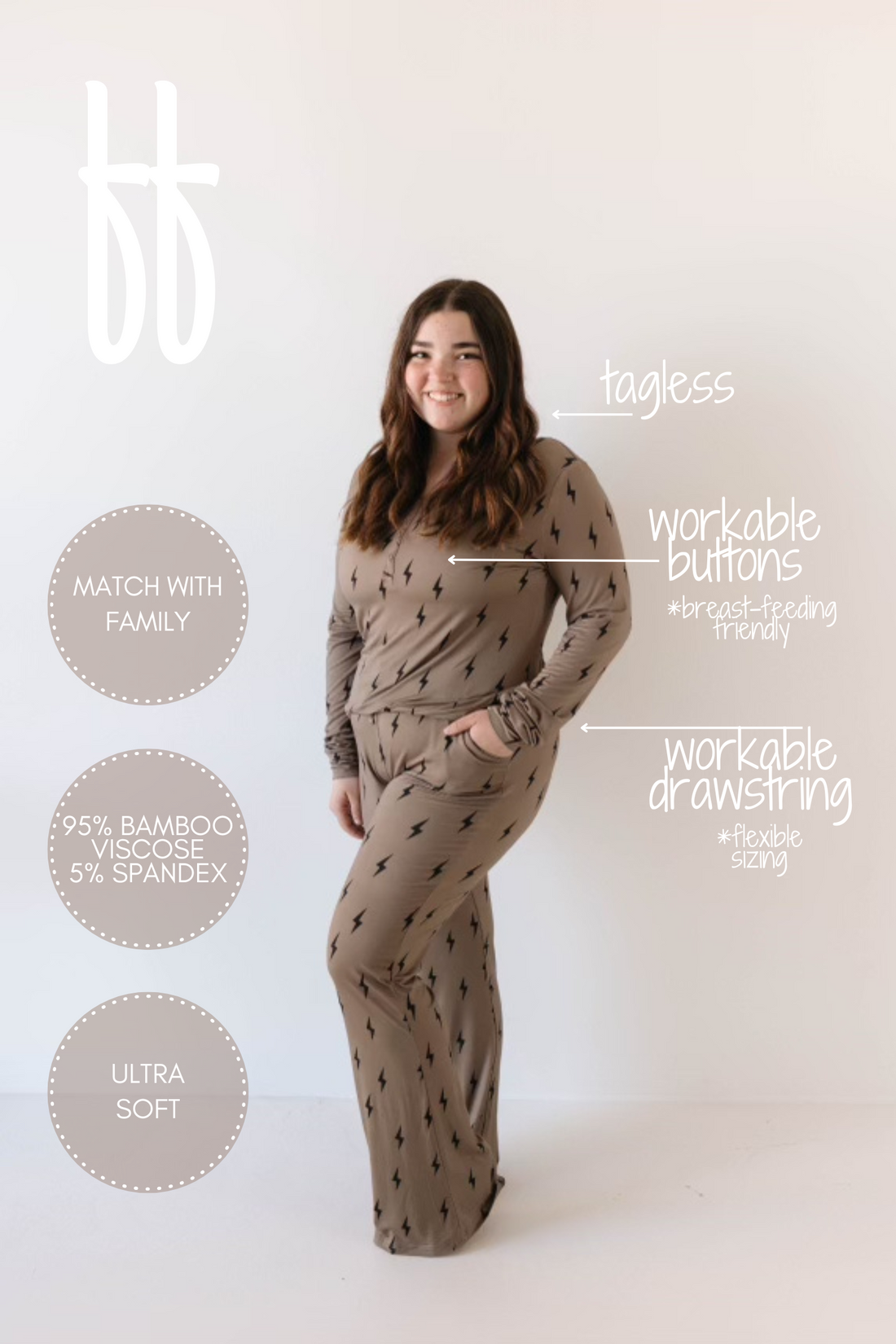 Women's Bamboo Long Sleeve Pajama Set - Brown Lightning Bolt