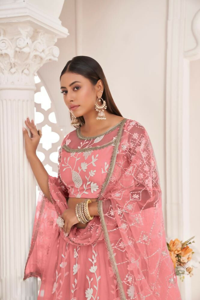 Gajari Butterfly Net Wedding Lehenga with Zari and Sequence Work