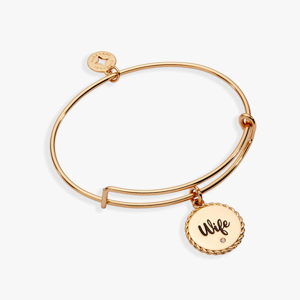 Wife charm bangle with rope-edge detail and engraved 'True love stories never have endings' text.