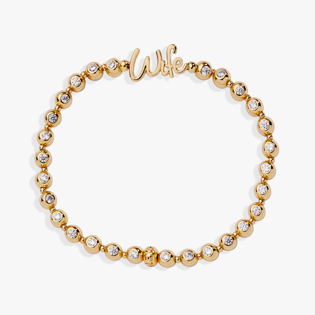 Wife script plaque stretch bracelet with sparkling crystal beads