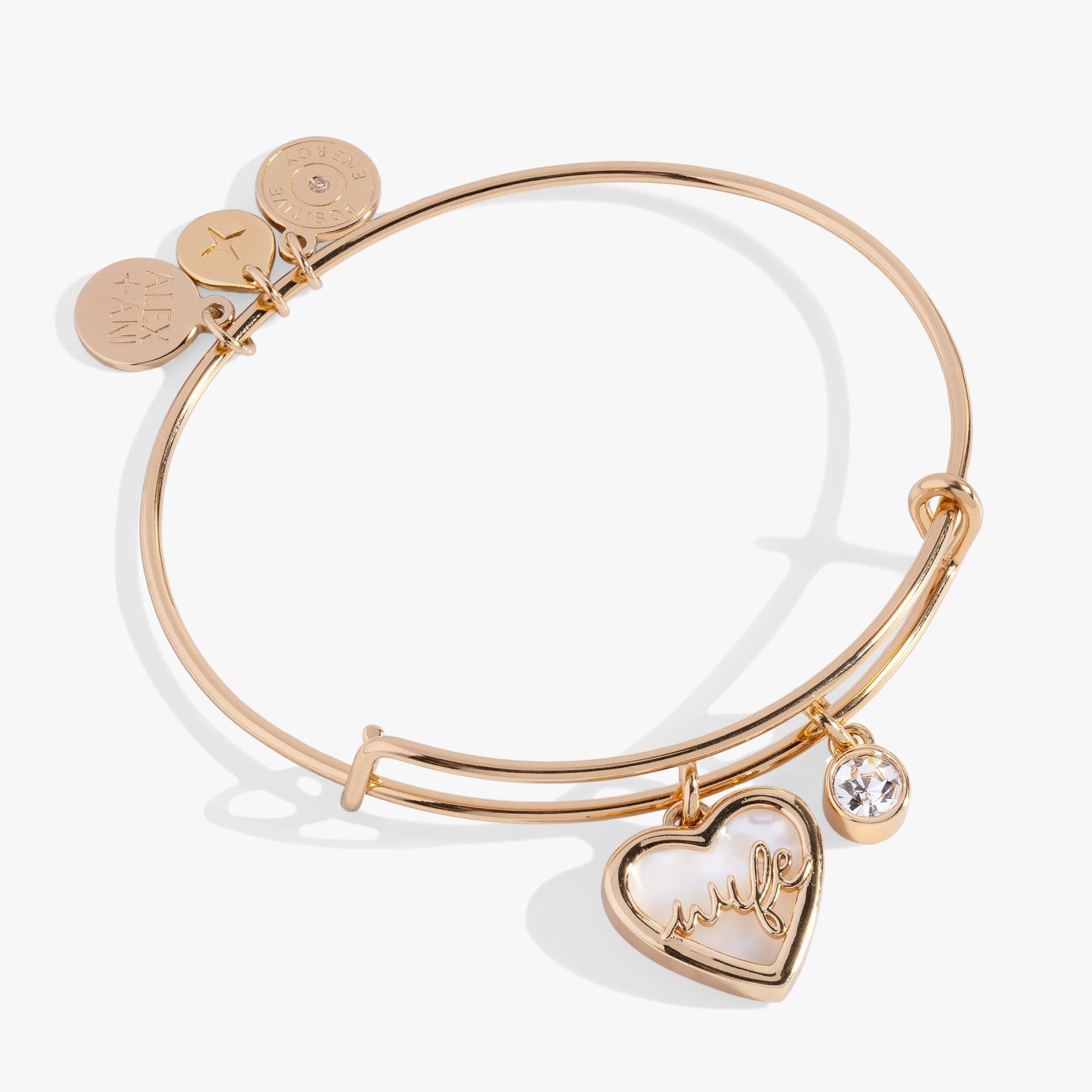 Mother of Pearl heart charm bracelet with 'Wife' inscription and crystal accent