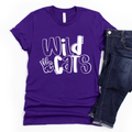 Team purple Wildcats bubble letter graphic design on a crewneck t-shirt and a sponge fleece hoodie.